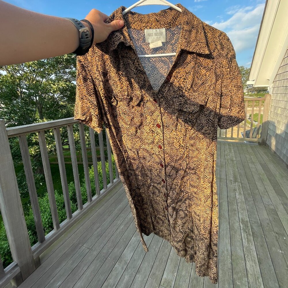 Hugo Buscati Vintage Brown Snakeskin Collared button-up mini dress